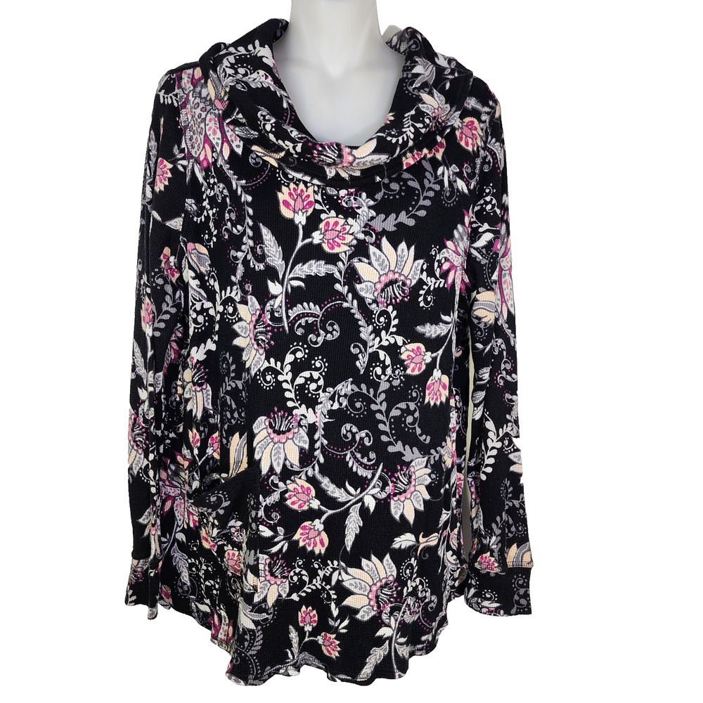 Chico's Zenergy Tunic Top Size 1 US 8/10 Black Floral Waffle Knit Cowl Neck
